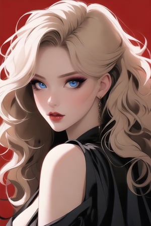 🏷️[Looking at the Viewer, MakeUp, close up, long hair, Upper Body, Earrings, Wavy Hair, Retro Artstyle, ((1980s \(style\))), Eyeshadow, Eyelashes, (((Glowing))), (Red Lips), Sky, blood, Simple Background, Breast, French Clivage]
🏷️[Baroque, Castlevania Style, Vampie, Goth, Dress]
🏷️[(Eris Etolia), Blonde long hair, Blue Eyes, Pale Skin]

((High-Quality)), ((Aesthetic)), ((Masterpiece)), (Intricate Details), Coherent Shape, (Stunning Illustration), Black, ,Goth Portrait, Masterpiece, Castlevania Lightning, Vampire, Portrait, Gothic Art