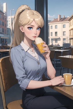 Shoolar cafeteria enviromental Themed; She's sitted eating a heatly breakfast.

([Daylight:1.00) Young Lady, Eris Etolia, Blonde, Ponytail, Blue Eyes, She's in front of us, with an alluring attitude; at outdoors,, city envoroment She looks like a stunning lady teenybopper, brat, 

Outfit: Schoolar Uniform, Blazer, Mini Skirt, Loafers, Lower Socks,

💡 **Additional Enhancers:** ((High-Quality)), ((Aesthetic)), ((Masterpiece)), (Intricate Details), Coherent Shape, (Stunning Illustration), [Dramatic Lightning]