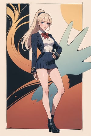 ((Teenager at High school)) Schoolar unform, high School vibes, student, Eris Etolia Queen, Fitted Blazer: Uniform skirt, V-Neck Blouse:, The knee-high socks Footwear is heeled loafers. 

🏷️【Blonde ponytail, Blue Eyes,Tall, very tall, long legs, tight legs, thing legs, narrow hips, Eris Etolia, Blonde,】
💡 **Additional Enhancers:** ((High-Quality)), ((Aesthetic)), ((Masterpiece)), (Intricate Details), Coherent Shape, (Stunning Illustration), [Dramatic Lightning],