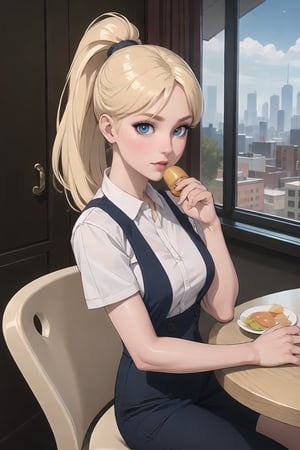 Shoolar cafeteria enviromental Themed; She's sitted eating a heatly breakfast.

([Daylight:1.00) Young Lady, Eris Etolia, Blonde, Ponytail, Blue Eyes, She's in front of us, with an alluring attitude; at outdoors,, city envoroment She looks like a stunning lady teenybopper, brat, 

Outfit: Schoolar Uniform, Blazer, Mini Skirt, Loafers, Lower Socks,

💡 **Additional Enhancers:** ((High-Quality)), ((Aesthetic)), ((Masterpiece)), (Intricate Details), Coherent Shape, (Stunning Illustration), [Dramatic Lightning]