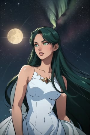 Pale woman, Green Eyes, long straight hair, very liong hair, greekish attire, Goddes, long white dress, stardust, sparkle, pluto, planets, smirk, red lips, elaborated clothes, beautiful woman

Outdoors, aurora in the sky, midnight, Morning star, shinning star

💡 **Additional Enhancers:** ((High-Quality)), ((Aesthetic)), ((Masterpiece)), (Intricate Details), Coherent Shape, (Stunning Illustration), [Dramatic Lightning],midjourney