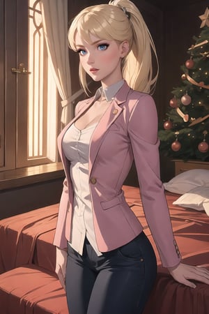 Imagine a Christmas Scene, where Eris Etolia is in front of us; shes apoliging to us because an inconvenient; sad, ashamed, 

Christmas Event, Merry Christmas

([Daylight:1.00) Young Lady, Eris Etolia, Blonde, Ponytail, Blue Eyes, She's in front of us, with an alluring attitude; at outdoors,, city envoroment She looks like a stunning lady teenybopper, brat, 

Outfit: Schoolar Uniform, Blazer, Mini Skirt, Loafers, Lower Socks,

💡 **Additional Enhancers:** ((High-Quality)), ((Aesthetic)), ((Masterpiece)), (Intricate Details), Coherent Shape, (Stunning Illustration), [Dramatic Lightning],Christmas Room