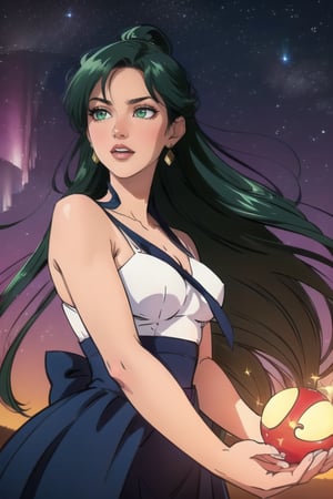 Pale woman, Green Eyes, long straight hair, very liong hair, greekish attire, Goddes, long white dress, stardust, sparkle, pluto, planets, smirk, red lips, elaborated clothes, beautiful woman

Outdoors, aurora in the sky, midnight, Morning star, shinning star

💡 **Additional Enhancers:** ((High-Quality)), ((Aesthetic)), ((Masterpiece)), (Intricate Details), Coherent Shape, (Stunning Illustration), [Dramatic Lightning],midjourney