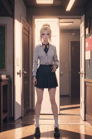 Subject(Eris Etolia. Blonde, FontBangs, Ponytail)
Theme(a inter-dimentional portal in a classroom, sci-fi)
Outfit(tailored blazer, blouse v-neck, skirt length is shortened, white socks add, sleek high heeled loafers)

ClassroomSetting(An ordinary classroom bathed in fluorescent light)
Surreal Anomaly(A shimmering tear in reality appears, pulsating with otherworldly energy)
DistortedAtmosphere(Air wavers, hinting at unseen vistas beyond comprehension)
GatewaytotheUnknown(All realize they stand before a doorway to unimaginable realms)

💡 **Additional Enhancers:** ((High-Quality)), ((Aesthetic)), ((Masterpiece)), (Intricate Details), Coherent Shape, (Stunning Illustration), [Dramatic Lightning],