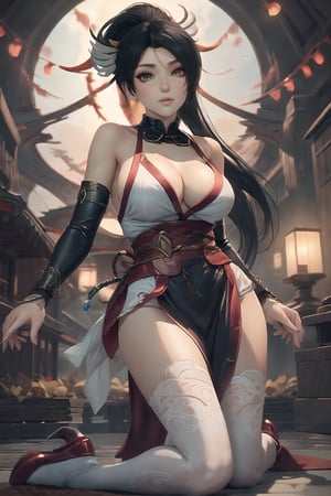 DOAMomiji(Black Hair, Long Ponytail, Hazel Eyes, very long-jet ponytail, side bangs), (((Shrine Maiden)))

White.Kimono(with intricate dragon motifs, hints), White.Stockings(provocative), (Platform high heels)

Tight High Socks: Momiji wears tight high socks made from sheer white material, embellished with intricate golden patterns reminiscent of dragon scales. These socks extend just above her knees, accentuating the length of her slender legs.

💡 **Additional Enhancers:** ((High-Quality)), ((Aesthetic)), ((Masterpiece)), (Intricate Details), Coherent Shape, (Stunning Illustration), [Dramatic Lightning], midjourney,DOAMomiji