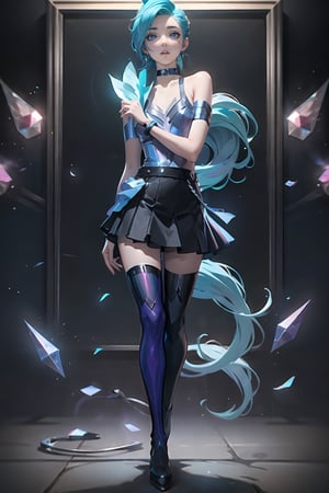 (Full Body Photoshoot) (Standing pose), (Very_Long Jet_Ponytail), (Nice_Framing), ((Skinny)) ((SuperSkinny)) Very nice Background, lights and neon enviroment. The image is a splah art of league of legends.

seraphine1, 1girl, solo, blue hair, k/da \(league of legends\), very long hair, multicolored hair, jewelry, ponytail, blue eyes, earrings, dress, black choker, two-tone hair, purple hair, black thighhighs, bracelet, black skirt, crystal 

💡 **Additional Enhancers:** ((High-Quality:1.0)), ((Aesthetic:0.5)), ((Masterpiece:0.45)), (Intricated_Details:0.25), [Dramatic Lightning], (DonMF41ryW1ng5)