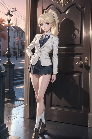 Evening, Panoramic scene, just one girl, Eris is backwards too us, she's the unique character on the scene, monochrome, **Create an Illustration of Teanager girl called Eris Etolia**, She's in front of the new Academy She's attending,outdoors in a high school, She looks like a stunning teenybooper, she's a brat, Remember that she's Blonde in high school uniform with a Ponytail. She's wearing a Tailored blazer emphasizing the waistline. the Blouses with a V-neck design to highlight the neckline and draw attention to the chest area. Her skirt length is shortened to emphasize and showcase he beautiful legs, contributing to an aesthetic that emphasizes attractiveness. The white socks add a touch of youthful playfulness, contributing to an overall enhanced aesthetic shes wearing heeled loafers. She's in front of a majestuous gate; its the Ystad Academy, this is a new adenture for her. Shee looks small compared with the gate. You can Imagine her walking through a gardenm its a morning scene, she's surounded by many students, shee looks very cool in this aesthetic illustration.

💡 **Additional Enhancers:** ((High-Quality)), ((Aesthetic)), ((Masterpiece)), (Intricate Details), Coherent Shape, (Stunning Illustration), [Dramatic Lightning]