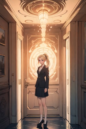 Subject(Eris Etolia. Blonde, FontBangs, Ponytail)
Theme(a inter-dimentional portal in a classroom, sci-fi)
Outfit(tailored blazer, blouse v-neck, skirt length is shortened, white socks add, sleek high heeled loafers)

ClassroomSetting(An ordinary classroom bathed in fluorescent light)
Surreal Anomaly(A shimmering tear in reality appears, pulsating with otherworldly energy), DistortedAtmosphere(Air wavers, hinting at unseen vistas beyond comprehension), GatewaytotheUnknown(All realize they stand before a doorway to unimaginable realms)

💡 **Additional Enhancers:** ((High-Quality)), ((Aesthetic)), ((Masterpiece)), (Intricate Details), Coherent Shape, (Stunning Illustration), [Dramatic Lightning],midjourney
