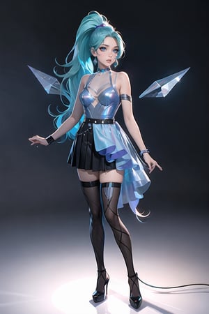 Full Body, standing, Allure Queen, Super Sexy, Stockings, GarterBelt, Blue Hair, PonyTail, Very Long Jet Ponytail, Far Plane, full body shoot, nice framing, ((Skinny)) ((SuperSkinny))

seraphine1, 1girl, solo, blue hair, k/da \(league of legends\), very long hair, multicolored hair, jewelry, ponytail, blue eyes, earrings, dress, black choker, two-tone hair, purple hair, black thighhighs, bracelet, black skirt, crystal 

💡 **Additional Enhancers:** ((High-Quality:1.0)), ((Aesthetic:0.5)), ((Masterpiece:0.45)), (Intricated_Details:0.25), [Dramatic Lightning],girl,realistic