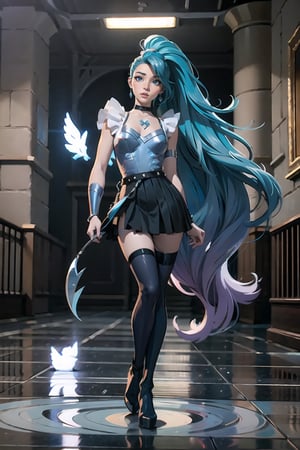 Full Body, standing, Allure Queen, Super Sexy, Stockings, GarterBelt, Blue Hair, PonyTail, Very Long Jet Ponytail, Far Plane, full body shoot, nice framing, ((Skinny)) (Super Skinny))

seraphine1, 1girl, solo, blue hair, k/da \(league of legends\), very long hair, multicolored hair, jewelry, ponytail, blue eyes, earrings, dress, black choker, two-tone hair, purple hair, black thighhighs, bracelet, black skirt, crystal 

💡 **Additional Enhancers:** ((High-Quality:1.0)), ((Aesthetic:0.5)), ((Masterpiece:0.45)), (Intricated_Details:0.25), [Dramatic Lightning],girl,realistic