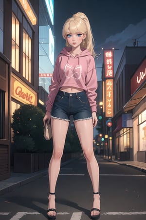 Teenager, Eris Etolia, Blonde, Ponytail, Blue Eyes, She's in front of us, with an alluring attitude; at outdoors,, city envoroment She looks like a stunning teenybopper at the mall, brat, Casual and sexy clothes for a teenager. Full Body Shoot.

Outfit: Oversized Hoodie, Heeled Wedges (Sandals), HotPants, Tight Highs

💡 **Additional Enhancers:** ((High-Quality)), ((Aesthetic)), ((Masterpiece)), (Intricate Details), Coherent Shape, (Stunning Illustration), [Dramatic Lightning]