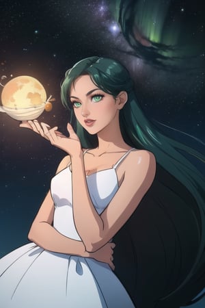 Pale woman, Green Eyes, long straight hair, very liong hair, greekish attire, Goddes, long white dress, stardust, sparkle, pluto, planets, smirk, red lips, elaborated clothes, beautiful woman

Outdoors, aurora in the sky, midnight, Morning star, shinning star

💡 **Additional Enhancers:** ((High-Quality)), ((Aesthetic)), ((Masterpiece)), (Intricate Details), Coherent Shape, (Stunning Illustration), [Dramatic Lightning],midjourney