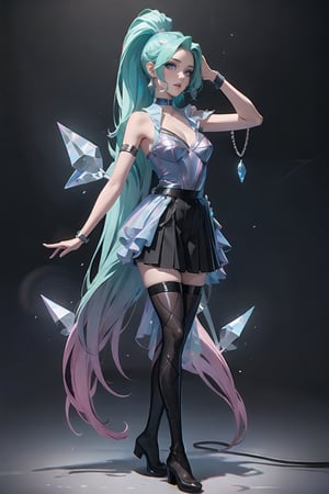 (Full Body Photoshoot) (Standing pose), (Very_Long Jet_Ponytail), (Nice_Framing), ((Skinny)) ((SuperSkinny))

seraphine1, 1girl, solo, blue hair, k/da \(league of legends\), very long hair, multicolored hair, jewelry, ponytail, blue eyes, earrings, dress, black choker, two-tone hair, purple hair, black thighhighs, bracelet, black skirt, crystal 

💡 **Additional Enhancers:** ((High-Quality:1.0)), ((Aesthetic:0.5)), ((Masterpiece:0.45)), (Intricated_Details:0.25), [Dramatic Lightning], (DonMF41ryW1ng5)