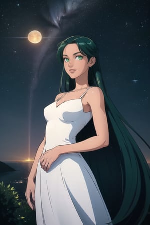 Pale woman, Green Eyes, long straight hair, very liong hair, greekish attire, Goddes, long white dress, stardust, sparkle, pluto, planets, smirk, red lips, elaborated clothes, beautiful woman

Outdoors, aurora in the sky, midnight, Morning star, shinning star

💡 **Additional Enhancers:** ((High-Quality)), ((Aesthetic)), ((Masterpiece)), (Intricate Details), Coherent Shape, (Stunning Illustration), [Dramatic Lightning],midjourney