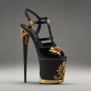 thick platform, full neobaroque design, full neobaroque design, inspired_by_Hedi Xandt, The platform is 16 centimeters high, which provides a significant increase in height and slims the figure. The upper of the shoe is formed by a crisscross strap that encircles the ankle. The platform is 16 centimeters high, which provides a significant increase in height and slims the figure. - The non-slip rubber sole provides greater security when walking. The rubber sole is a material that provides good traction, which reduces the risk of slipping. In this case, the sole is made of black rubber, a material that is tough and durable. The black color is classic and timeless. It is a color that adapts to any occasion, whether formal or informal. Black is also a color that slims the figure, making it ideal for women who want to look slimmer. metallic materials, armonic colors, perfect composition, 

🏷️【victorian_design】+【ornate_jeweled, golden_ornamental, intricated_golden_details, ornated_filigree_leaves】