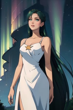 Pale woman, Green Eyes, long straight hair, very liong hair, greekish attire, Goddes, long white dress,

Outdoors, aurora in the sky, midnight, Morning star, shinning star

💡 **Additional Enhancers:** ((High-Quality)), ((Aesthetic)), ((Masterpiece)), (Intricate Details), Coherent Shape, (Stunning Illustration), [Dramatic Lightning],midjourney