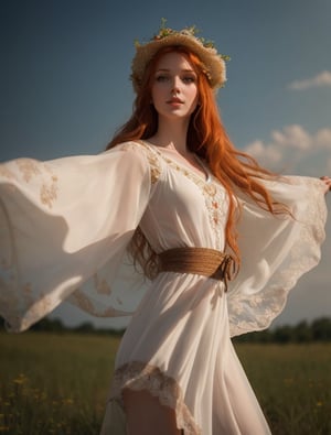 slavic redhead girl, dancing, summer,  projecting a tranquil scene of milf woman lady sensuality , chiaroscuro, high-resolution, attention to detail, realism.,