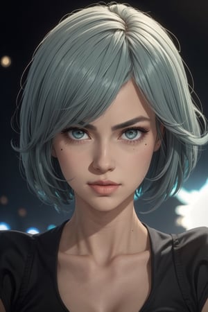 masterpiece, best quality, (detailed background), (beautiful detailed face, beautiful detailed eyes), absurdres, highres, ultra detailed, masterpiece, best quality, detailed eyes, grey-eyes, green hair, alluring, closed mouth, neck bone, at the bed room, midnight, cyberpunk scene, neon lights, lightning, light particles, electric, dj theme, synthwave theme, (bokeh:1.1), depth of field, looking_at_viewer, pov_eye_contact, green hair, fair complexion, pink lips, kinki, light skin, grey iris, serious, frown, smirk, 2 type b, black dress, mole on the right part of her chin