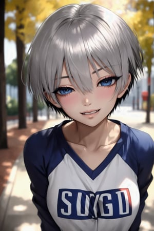 masterpiece, best quality, (detailed background), (beautiful detailed face, beautiful detailed eyes), absurdres, highres, ultra detailed, masterpiece, best quality, detailed eyes, blue-eyes, silver hair, hair bangs, alluring, open mouth, neck bone, at a park, (bokeh:1.1), depth of field, looking_at_viewer, Uzaki hana, pov_eye_contact, silver hair, fair complexion, pink lips, kinki, alluring, light skin, blue iris, smirk, kissing, bob hairstyle, hair bangs, long-sleeve shirt with the words sugoi dekai printed on the front, denim short light blue skirt, panty_hose, medium_breasts, black nape hair, perfecteyes,closed_eyes