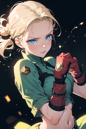 Cammy White, colorful, 1girl, blonde hair, blue eyes, red gloves, fighting pose, fist close, yellow lightings, glow, glowing fist, light particles, wallpaper, chromatic aberration,