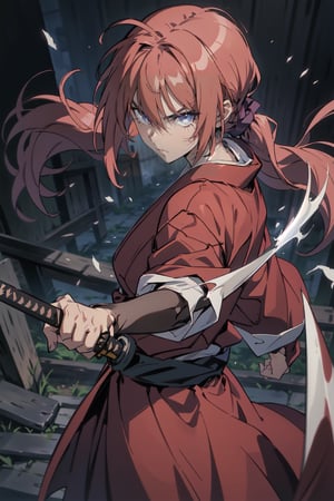 masterpiece, best quality, (detailed background), (beautiful detailed face, beautiful detailed eyes), absurdres, highres, ultra detailed, masterpiece, best quality, detailed eyes, SamuraiX, man,  ,guiltys, mid-back length red hair tied in a thick ponytail, cross-shaped sword scar on his left cheek, fight stance, red kimono, worn cloth with a white umanori hakama, zori and white tabi. angry, light particles, fx