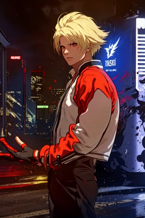 masterpiece, best quality, (detailed background), (beautiful detailed face, beautiful detailed eyes), absurdres, highres, ultra detailed, masterpiece, best quality, detailed eyes, 1 man, man, red_eyes, blonde hair, closed mouth, neck bone, at the city, midnight, cyberpunk scene, neon lights, lightning, light particles, electric, dj theme, synthwave theme, (bokeh:1.1), depth of field, looking_at_viewer, pov_eye_contact, red, black and white leather jacket, Under the jacket, black t-shirt with short sleeves, fingerless_gloves, black leather pants and black shoes, serious, RockHoward