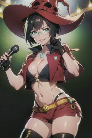 masterpiece, best quality, (detailed background), (beautiful detailed face, beautiful detailed eyes), absurdres, highres, ultra detailed, masterpiece, best quality, detailed eyes, green_eyes, black hair, sexy pose, alluring, closed mouth, close-fitting clothing, neck bone, at a concert, midnight, cyberpunk scene, neon lights, lightning, light particles, electric, dj theme, synthwave theme, (bokeh:1.1), depth of field, looking_at_viewer, pov_eye_contact, upper_body, guiltys, inoMS, black buttoned short top, cleavage, red jacket, high heel boots, black fingerless gloves, black hair in a bob cut, fair complexion, red lips, mole on left cheek, witch hat that has a skull face on it, glasses with green crystal, smiling, red short-shorts, smirk, inoMS, medium_breasts