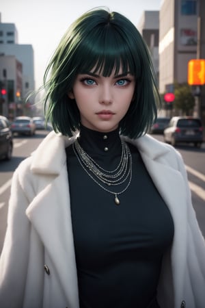 masterpiece, best quality, (detailed background), (beautiful detailed face, beautiful detailed eyes), absurdres, highres, ultra detailed, masterpiece, best quality, detailed eyes, green_eyes, green hair, alluring, open mouth, neck bone, at the city, midnight, cyberpunk scene, neon lights, light particles, (bokeh:1.1), depth of field, looking_at_viewer, pov_eye_contact, dark green hair, fair complexion, pink lips, curvy figure, chin-length, dark green hair with a fringe styled into a bob, and her eyes are light green, dark green form-fitting V-neck dress with a high collar, thigh-high black boots and several white pearl necklaces, frown, arms_crossed, arms_folded,fubuki, one punch man, perfecteyes, smirk, frown, white furr coat