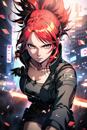 guiltys, angry, a girl, white eyes, red hair, fighting, upper body, (bokeh:1.1), depth of field, by Akihiko Yoshida, tracers, vfx, splashes, lightning, light particles, city background, masterpiece, best quality, (detailed background), (beautiful detailed face, beautiful detailed eyes), absurdres, highres, ultra detailed, masterpiece, best quality, detailed eyes,