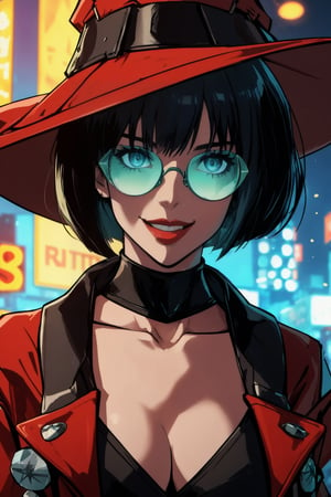 masterpiece, best quality, (detailed background), (beautiful detailed face, beautiful detailed eyes), absurdres, highres, ultra detailed, masterpiece, best quality, detailed eyes, frown, green_eyes, black hair, sexy pose, alluring, close mouth, close-fitting clothing, neck bone, at the city , midnight, cyberpunk scene, neon lights, lightning, light particles, electric, dj theme, synthwave theme, (bokeh:1.1), depth of field, looking_at_viewer, pov_eye_contact, upper_body, guiltys, inoMS, black buttoned short top, cleavage, red jacket, high heel boots, black fingerless gloves, black hair in a bob cut, fair complexion, red lips, left cheek mole, witch hat that has a skull face on it, glasses with green crystal, smiling, red short-shorts that are open on one side, playing a green mint les paul guitar,i-no,inoMS