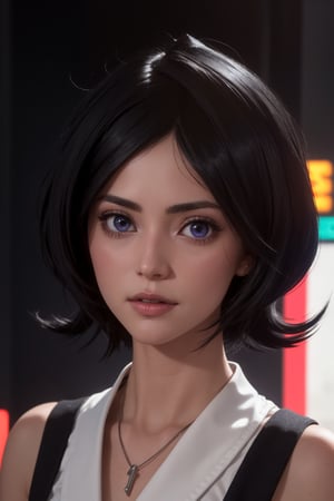 masterpiece, best quality, (detailed background), (beautiful detailed face, beautiful detailed eyes), absurdres, highres, ultra detailed, masterpiece, best quality, detailed eyes, blue_eyes, black hair, alluring, closed mouth, neck bone, at the city , midnight, cyberpunk scene, neon lights, lightning, light particles, electric, dj theme, synthwave theme, (bokeh:1.1), depth of field, looking_at_viewer, pov_eye_contact, black hair, fair complexion, pink lips, kinki, light skin, several strands of hair always hanging between her eyes, purple iris, wearing Shihakusho , bob haircut, smirk