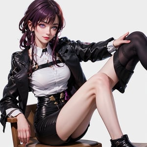 masterpiece, best quality, (detailed background), (beautiful detailed face, beautiful detailed eyes), absurdres, highres, ultra detailed, masterpiece, best quality, detailed eyes, kafka(hsr), collared shirt, cowboy shot, simple background, shorts, sunglasses, eyewear on head, solo, pantyhose, black shorts, coat, long sleeves, 1girl, white background, closed mouth, long hair, looking at viewer, gloves, large breasts, shirt, white shirt, smile, purple eyes , purple hair, Space background, cat ommand center, crossed_legs_(sitting), sitting on chair