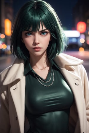 masterpiece, best quality, (detailed background), (beautiful detailed face, beautiful detailed eyes), absurdres, highres, ultra detailed, masterpiece, best quality, detailed eyes, green_eyes, green hair, alluring, open mouth, neck bone, at the city, midnight, cyberpunk scene, neon lights, light particles, (bokeh:1.1), depth of field, looking_at_viewer, pov_eye_contact, dark green hair, fair complexion, pink lips, curvy figure, chin-length, dark green hair with a fringe styled into a bob, and her eyes are light green, dark green form-fitting V-neck dress with a high collar, thigh-high black boots and several white pearl necklaces, frown, arms_crossed, arms_folded,fubuki, one punch man, perfecteyes, smirk, frown, white fur coat