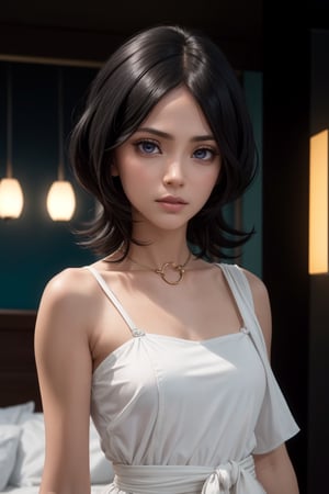 masterpiece, best quality, (detailed background), (beautiful detailed face, beautiful detailed eyes), absurdres, highres, ultra detailed, masterpiece, best quality, detailed eyes, blue_eyes, black hair, alluring, closed mouth, neck bone, at the japanese bed room, midnight, cyberpunk scene, neon lights, lightning, light particles, electric, dj theme, synthwave theme, (bokeh:1.1), depth of field, looking_at_viewer, pov_eye_contact, black hair, fair complexion, pink lips, kinki, light skin, several strands of hair always hanging between her eyes, purple iris, wearing Shihakusho is composed of a white shitagi, a black kosode, a black hakama, a white hakama-himo, white tabi and waraji  , bob haircut, serious, frown, smirk, grabing a katana