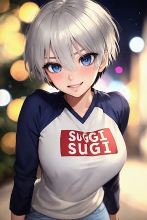 masterpiece, best quality, (detailed background), (beautiful detailed face, beautiful detailed eyes), absurdres, highres, ultra detailed, masterpiece, best quality, detailed eyes, blue-eyes, silver hair, hair bangs, alluring, open mouth, neck bone, at a university, (bokeh:1.1), depth of field, looking_at_viewer, Uzaki hana, pov_eye_contact, silver hair, fair complexion, pink lips, kinki, alluring, light skin, blue iris, smirk, bob hairstyle, hair bangs, long-sleeve shirt with the words sugoi dekai printed on the front, denim short light blue skirt, black leggins, medium_breasts, black nape hair, perfecteyes, perfecteyes, posing, laughing, full_body, blushing, kissing, giving kiss, LOL, Hand on mouth