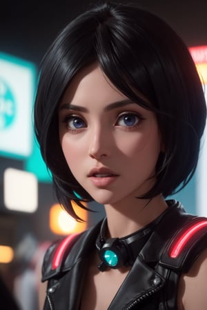 masterpiece, best quality, (detailed background), (beautiful detailed face, beautiful detailed eyes), absurdres, highres, ultra detailed, masterpiece, best quality, detailed eyes, blue_eyes, black hair, alluring, open mouth, neck bone, at the city , midnight, cyberpunk scene, neon lights, lightning, light particles, electric, dj theme, synthwave theme, (bokeh:1.1), depth of field, looking_at_viewer, pov_eye_contact, black hair, fair complexion, pink lips, kinki, light skin, several strands of hair always hanging between her eyes, purple iris, wearing  fingerless white tekkō, bob haircut, serious 