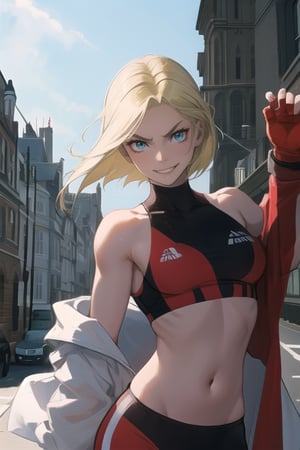 Cammy White, 1 girl, angry, streetfighter, sport clothes, short hair, light smile, blonde girl, videogame character, bare shoulders, aesthetic, in london 