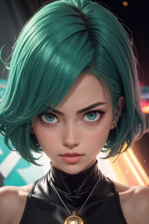 masterpiece, best quality, (detailed background), (beautiful detailed face, beautiful detailed eyes), absurdres, highres, ultra detailed, masterpiece, best quality, detailed eyes, green_eyes, green hair, alluring, open mouth, neck bone, at the bed room, midnight, cyberpunk scene, neon lights, lightning, light particles, electric, dj theme, synthwave theme, (bokeh:1.1), depth of field, looking_at_viewer, pov_eye_contact, green hair, fair complexion, pink lips, kinki, frown, pouty, black thight dress, blushing