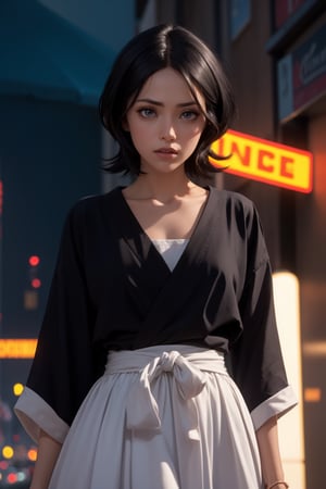 masterpiece, best quality, (detailed background), (beautiful detailed face, beautiful detailed eyes), absurdres, highres, ultra detailed, masterpiece, best quality, detailed eyes, blue_eyes, black hair, alluring, closed mouth, neck bone, at the city , midnight, cyberpunk scene, neon lights, lightning, light particles, electric, dj theme, synthwave theme, (bokeh:1.1), depth of field, looking_at_viewer, pov_eye_contact, black hair, fair complexion, pink lips, kinki, light skin, several strands of hair always hanging between her eyes, purple iris, wearing Shihakusho is composed of a white shitagi, a black kosode, a black hakama, a white hakama-himo, white tabi and waraji  , bob haircut, serious, frown, smirk, grabing a katana