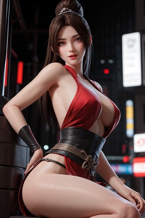 masterpiece, best quality, (detailed background), (beautiful detailed face, beautiful detailed eyes), absurdres, highres, ultra detailed, masterpiece, best quality, detailed eyes, brown_eyes, brown hair, asian girl, upper body, neck bone, at the city, midnight, cyberpunk scene, neon lights, red and white kunoichi ninja dress, red tassels, at the back that are fastened to an obi around her waist, circular white ropes secured around her shoulders, red and black colored tabi, smile, marked abs, cowboy_shot, sitting, from side, mouth open, showing_armpits