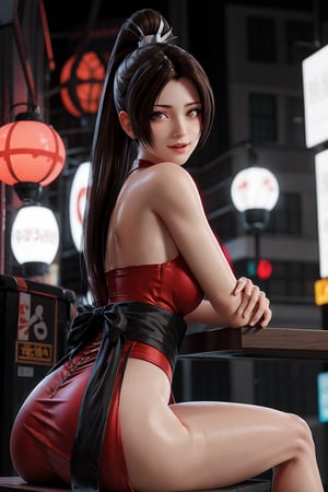 masterpiece, best quality, (detailed background), (beautiful detailed face, beautiful detailed eyes), absurdres, highres, ultra detailed, masterpiece, best quality, detailed eyes, brown_eyes, brown hair, crossed_arms, folded arms, ,asian girl, upper body, neck bone, at the city, midnight, cyberpunk scene, neon lights, red and white kunoichi ninja dress, red tassels, at the back that are fastened to an obi around her waist, circular white ropes secured around her shoulders, red and black colored tabi, smile, marked abs, cowboy_shot, sitting, crossed_legs, from behind, mouth open