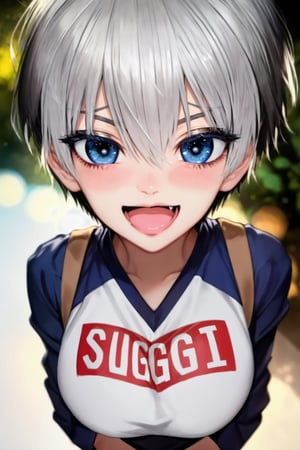 masterpiece, best quality, (detailed background), (beautiful detailed face, beautiful detailed eyes), absurdres, highres, ultra detailed, masterpiece, best quality, detailed eyes, blue-eyes, silver hair, hair bangs, alluring, open mouth, neck bone, at a university, (bokeh:1.1), depth of field, looking_at_viewer, Uzaki hana, pov_eye_contact, silver hair, fair complexion, pink lips, kinki, alluring, light skin, blue iris, smirk, bob hairstyle, hair bangs, long-sleeve shirt with the words sugoi dekai printed on the front, denim short light blue skirt, black leggins, medium_breasts, black nape hair, perfecteyes, perfecteyes, posing, laughing, upper_body, blushing, kissing, giving kiss, laughing out loud, hands on cheeks,asian girl