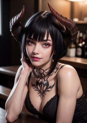 masterpiece, best quality, (detailed background), (beautiful detailed face, beautiful detailed eyes), absurdres, highres, ultra detailed, masterpiece, best quality, detailed eyes, 1_girl, pink lips, neck bone, red-eyes, midnight, at the bar, nighttime, night, alluring, marked v, marked lower abs, marked abs, upper body, mouth_closed, smile, black hair,eliza, pale-skinned, vampire, black hair, short bob hairstyle, long bangs, scrolling black tattoo between her shoulder blades, red horns, gothic lolita dress, panty_hose, red high heels, pov_eye_contact, smile, looking_at_viewer, from front, medium_breasts, lying_down