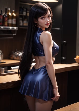 masterpiece, best quality, (detailed background), (beautiful detailed face, beautiful detailed eyes), absurdres, highres, ultra detailed, masterpiece, best quality, detailed eyes, upper body, 1_girl, red eyes, cyberpunk scene, Tifa, Final Fantasy 7 game, dark hair, pink lips, neck bone, messy cut, blunt bangs, red eyes, short blue party dress, cleavage cutout, midnight, at the bar, sexy pose, model pose, alluring pose, smile, marked abs, marked lower abs, well toned body, upper_body, looking_at_viewer, arms_raised, Close-fitting, ;), winking, wink, from behind, mouth_open