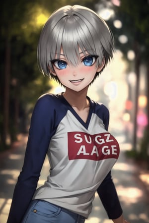 masterpiece, best quality, (detailed background), (beautiful detailed face, beautiful detailed eyes), absurdres, highres, ultra detailed, masterpiece, best quality, detailed eyes, blue-eyes, silver hair, hair bangs, alluring, open mouth, neck bone, at a university, (bokeh:1.1), depth of field, looking_at_viewer, Uzaki hana, pov_eye_contact, silver hair, fair complexion, pink lips, kinki, alluring, light skin, blue iris, smirk, bob hairstyle, hair bangs, long-sleeve shirt with the words sugoi dekai printed on the front, denim short light blue skirt, black leggins, medium_breasts, black nape hair, perfecteyes, finger on mouth,perfecteyes, posing, laughing, full_body, blushing, kissing, 