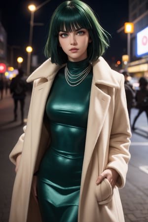 masterpiece, best quality, (detailed background), (beautiful detailed face, beautiful detailed eyes), absurdres, highres, ultra detailed, masterpiece, best quality, detailed eyes, green_eyes, green hair, alluring, open mouth, neck bone, at the city, midnight, cyberpunk scene, neon lights, light particles, (bokeh:1.1), depth of field, looking_at_viewer, pov_eye_contact, dark green hair, fair complexion, pink lips, curvy figure, chin-length, dark green hair with a fringe styled into a bob, and her eyes are light green, dark green form-fitting V-neck dress with a high collar, thigh-high black boots and several white pearl necklaces, frown, arms_crossed, arms_folded,fubuki, one punch man, perfecteyes, smirk, frown, white furr coat, arms_crossed, posing