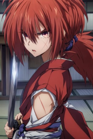 masterpiece, best quality, (detailed background), (beautiful detailed face, beautiful detailed eyes), absurdres, highres, ultra detailed, masterpiece, best quality, detailed eyes, SamuraiX, man,  ,guiltys, mid-back length red hair tied in a ponytail, cross-shaped sword scar on his left cheek, fight stance, red kimono, worn cloth with a white umanori hakama, zori and white tabi. angry, light particles, fx, upper_body