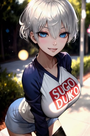 masterpiece, best quality, (detailed background), (beautiful detailed face, beautiful detailed eyes), absurdres, highres, ultra detailed, masterpiece, best quality, detailed eyes, blue-eyes, silver hair, hair bangs, alluring, open mouth, neck bone, at a park, (bokeh:1.1), depth of field, looking_at_viewer, Uzaki hana, pov_eye_contact, silver hair, fair complexion, pink lips, kinki, alluring, light skin, blue iris, smirk, kissing, bob hairstyle, hair bangs, long-sleeve shirt with the words sugoi dekai printed on the front, denim short light blue skirt, panty_hose, medium_breasts, black nape hair, perfecteyes,closed_eyes, model pose