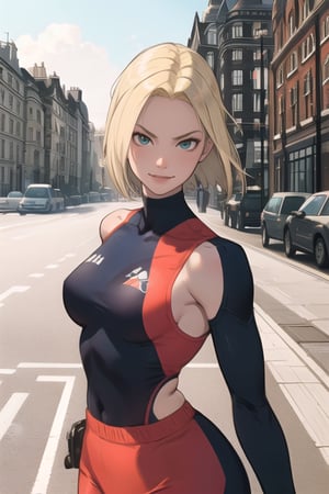 Cammy White, Serious, streetfighter, sport clothes, short hair, light smile, blonde girl, videogame character, bare shoulders, aesthetic, in london, near a phone