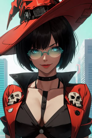 masterpiece, best quality, (detailed background), (beautiful detailed face, beautiful detailed eyes), absurdres, highres, ultra detailed, masterpiece, best quality, detailed eyes, frown, green_eyes, black hair, sexy pose, alluring, close mouth, close-fitting clothing, neck bone, at the city , midnight, cyberpunk scene, neon lights, lightning, light particles, electric, dj theme, synthwave theme, (bokeh:1.1), depth of field, looking_at_viewer, pov_eye_contact, upper_body, guiltys, inoMS, black buttoned short top, cleavage, red jacket, high heel boots, black fingerless gloves, black hair in a bob cut, fair complexion, red lips, left cheek mole, witch hat that has a skull face on it, glasses with green crystal, smiling, red short-shorts that are open on one side, arms_crossed, arms_folded